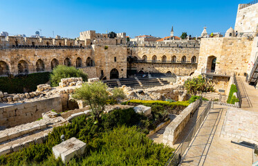 Inner courtyard, walls and archeological excavation site of Tower Of David citadel stronghold in...