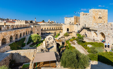 Inner courtyard, walls and archeological excavation site of Tower Of David citadel stronghold in...