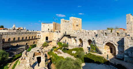 Fototapeta na wymiar Inner courtyard, walls and archeological excavation site of Tower Of David citadel stronghold in Jerusalem Old City in Israel