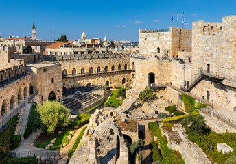 Fototapeta na wymiar Inner courtyard, walls and archeological excavation site of Tower Of David citadel stronghold in Jerusalem Old City in Israel