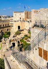 Inner courtyard, walls and archeological excavation site of Tower Of David citadel stronghold in...