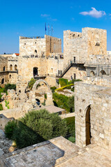 Inner courtyard, walls and archeological excavation site of Tower Of David citadel stronghold in...
