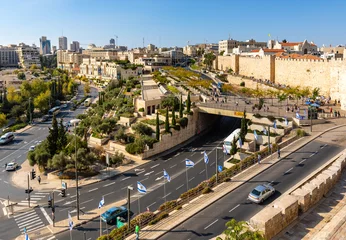 Fotobehang Walls of Tower Of David citadel and Old City over Jaffa Gate and Hativat Yerushalayim street with Mamilla quarter of Jerusalem in Israel © Art Media Factory