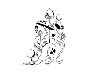Mystical space cat and mushrooms isolated clip art, hand drawn mysterious composition with celestial animal, moon and magic poisonous fungi on white background, vector