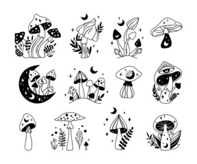 Magic hand drawn mushroom and moon isolated clip art bundle, mystical line celestial fungi, moon and stars, witchy floral esoteric objects, - black and white vector illustration set