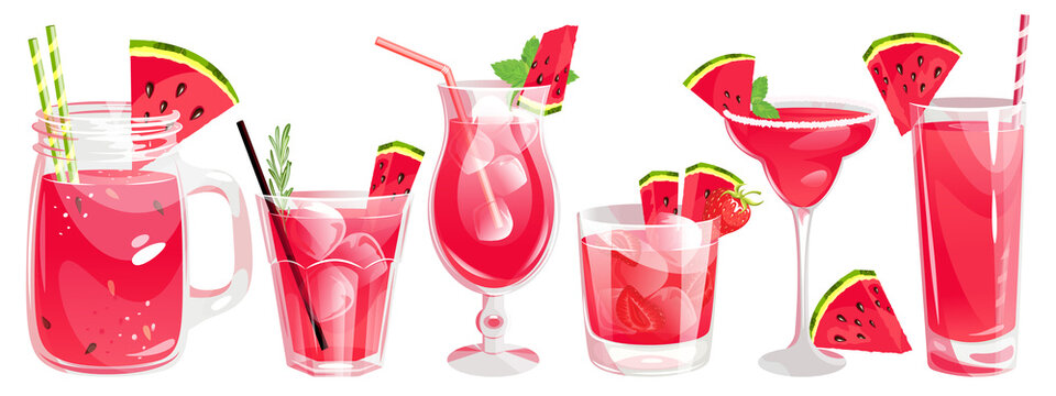 A set of watermelon cocktails.Summer refreshing drinks with a slice of watermelon.mint and ice.Watermelon juice, margarita with watermelon, smoothies.