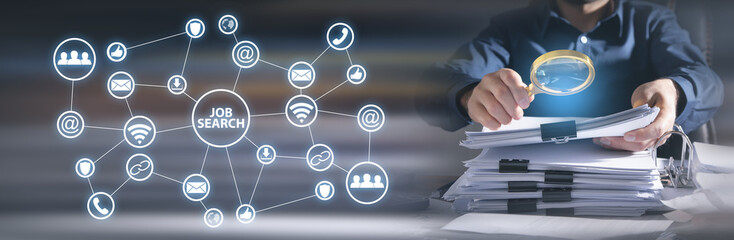 Man holding magnifying glass. Job Search