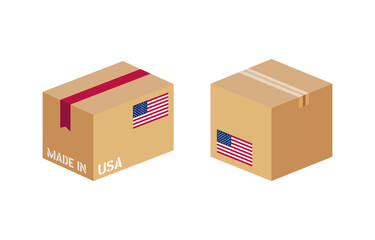 box with USA flag icon set, cardboard delivery package made in United States of America