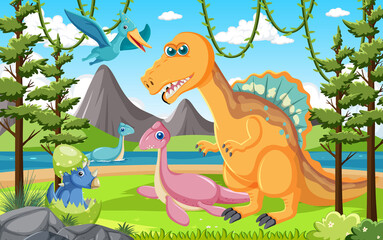 Cute dinosaur group in forest