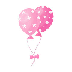 Two pink balloons with stars and circles, watercolor effect, isolated on white background, vector illustration