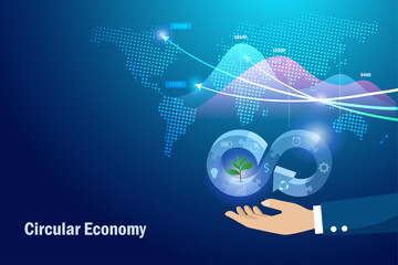 Businessman hand hold circular economy in jigsaw puzzle with analysing growth graph on world map. Sustainable environment strategy of eliminate waste, pollution by reuse and recycle natural resource