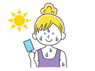 アイスキャンディを食べる、白人女性のイラスト