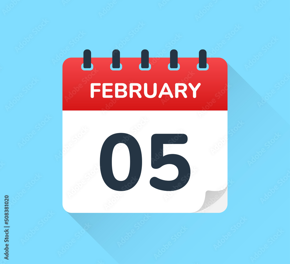 Poster February 5 date on flat design vector calendar. Schedule appointment for number five of the month