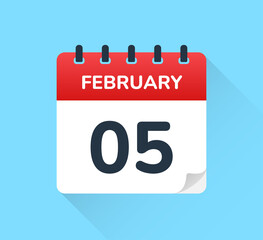 February 5 date on flat design vector calendar. Schedule appointment for number five of the month