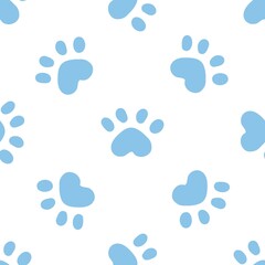 Fototapeta na wymiar Blue cat seamless pattern. Meow and cat paws background vector illustration. Cute cartoon pastel character for nursery girl baby print.