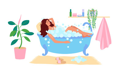 Obraz na płótnie Canvas A Woman takes a bubble bath. A girl relaxing in an interior with plants
