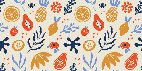 Seamless pattern with organic blobs, tropic fruits and leaves in matisse style. Background with trendy doodle abstract elements. Natural random matisse shapes. Vector illustration on white background,