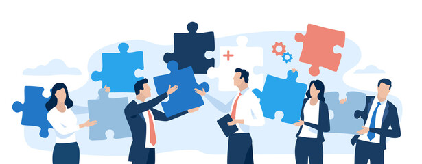 Solution. Workers holding puzzle pieces. Illustration symbolizes searching and finding solutions. Vector illustration.