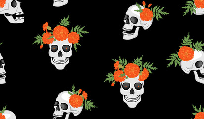 Seamless pattern with  human skull and blooming orange marigolds on black.Colorful decorative background and texture for printing on fabric and paper.Vector flat cartoon illustration.