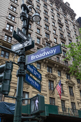panneau de signalisation indiquant l'avenue de Broadway à New York, avec en arrière plan le drapeau américain et un building