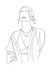 A portrait of a beautiful woman is drawn in one line art style. Face expression. Printable art.