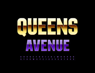Vector stylish template Queens Avenue. Purple and Gold elegant Font. Chic Alphabet Letters and Numbers set