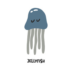 Jellyfish. Hand drawn vector cartoon illustration for kids. Amusing Sea Animal