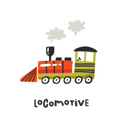 Locomotive. Hand drawn illustration in cartoon style. Transport toys. Cute concept for children's print. Illustration for the design postcard, textiles, apparel