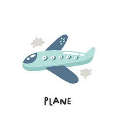 Plane. Hand drawn illustration in cartoon style. Transport toys. Cute concept for children's print. Illustration for the design postcard, textiles, apparel