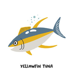 Yellowfin tuna. Hand drawn vector cartoon illustration for kids. Amusing Sea Animal