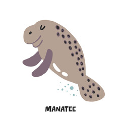 Manatee. Hand drawn vector cartoon illustration for kids. Amusing Sea Animal