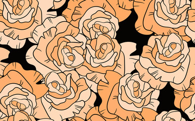 Seamless floral pattern with beige roses. Cartoon style. Design for fabric, textile, paper. Colorful flowers on color background. Vector illustration on traditional folk art ornaments