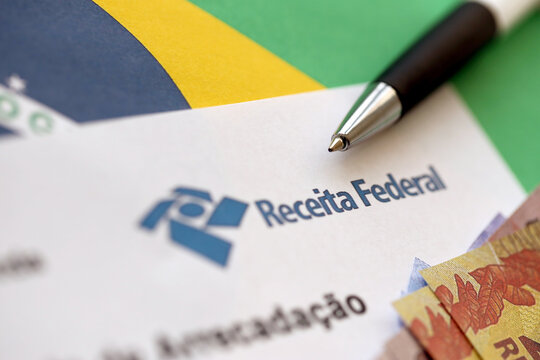 TERNOPIL, UKRAINE - MAY 20, 2022: Comprovante de arrecadacao - proof of collection report with Brazilian Receita Federal logo. Receita Federal is Brazilian federal revenue service agency