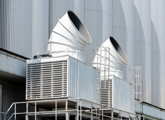 Cooling water tower on rooftop industry plant - obrazy, fototapety, plakaty