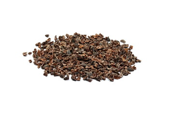 Cocoa nibs, a pieces of broken cocoa beans isolated, top view