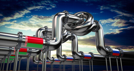 Oil or gas pipeline, flags of Belarus and Russia - 3D illustration