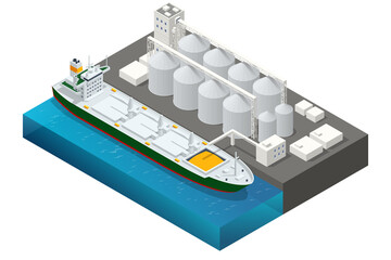 Isometric Grain terminal at seaport. Loading grain crops on bulk ship from large elevators. Transrportation of agricultural products. Dry cargo ships. Export wheat trade. © Golden Sikorka