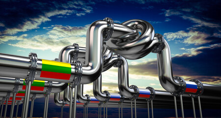Oil or gas pipeline, flags of Lithuania and Russia - 3D illustration