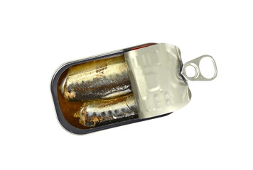 Canned seafood, preserved in oil. Isolated over white background. Open tin can. Canned food isolated on white background. Healthy mackerel fish-sardines with olive oil in an opened can