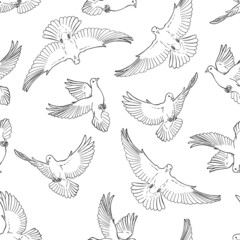 Seamless pattern with hand drawn dove outline. Line art style. - obrazy, fototapety, plakaty