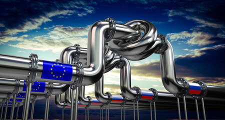 Oil or gas pipeline, flags of European Union and Russia - 3D illustration - obrazy, fototapety, plakaty