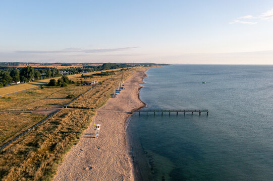 Dahme, Germany - July 31, 2021: Aerial drone view of Dahme Beach in Schleswig-Holstein.
