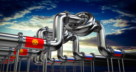 Oil or gas pipeline, flags of Kyrgyzstan and Russia - 3D illustration