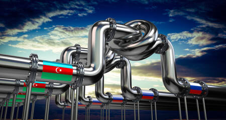 Oil or gas pipeline, flags of Azerbaijan and Russia - 3D illustration