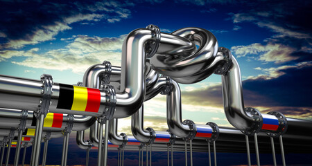 Oil or gas pipeline, flags of Belgium and Russia - 3D illustration