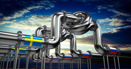 Oil or gas pipeline, flags of Sweden and Russia - 3D illustration
