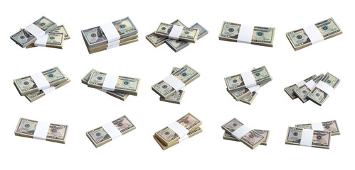 Big set of bundles of US dollar bills isolated on white. Collage with many packs of american money...