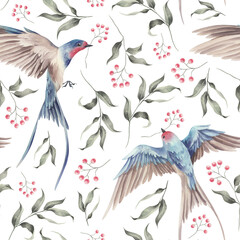 Seamless pattern with watercolor birds and botanical elements isolated.