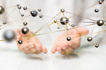 abstract lines with dots over dark background.