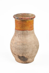 Vintage pottery, vase isolated on white background. Antique brown and beige clay pot on white background.
